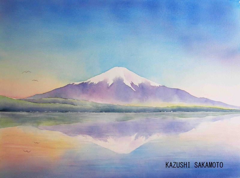 富士山の絵:山中湖の逆さ富士