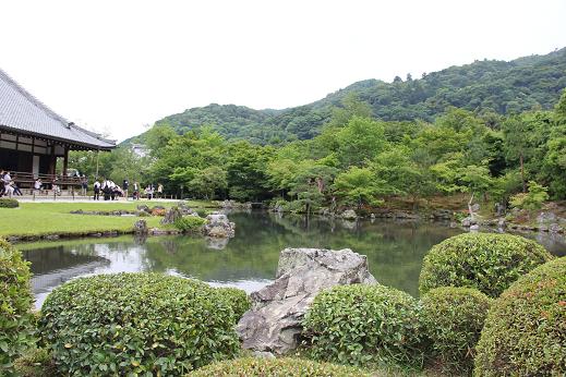 天龍寺の庭、池、建物、山