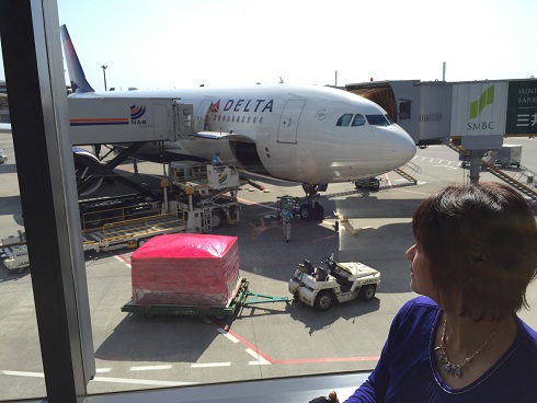 飛行機を見る私